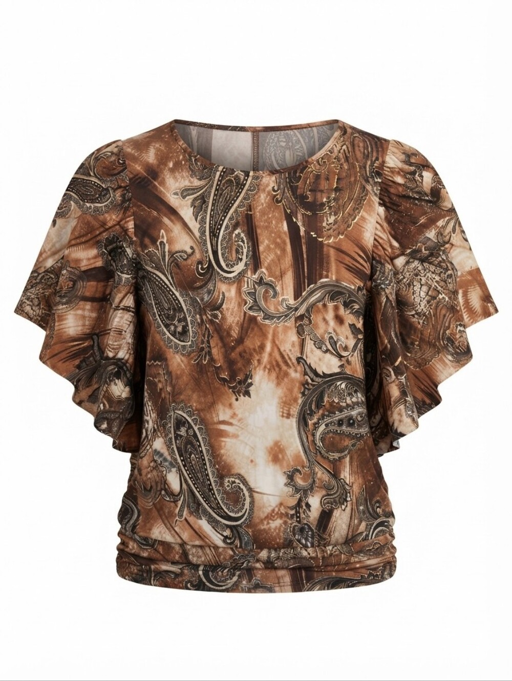Vintage Y2K Brown Paisley Flutter Sleeve Blouse with Ruched Hem.  Small/Medium